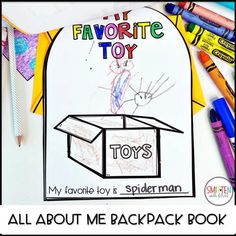 an image of a child's toy box with the words toys about me backpack book