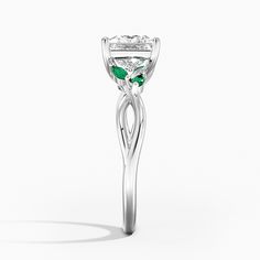 Princess Cut Willow Engagement Ring With Lab Emerald Accents - 18K White Gold. Wispy vines of precious metal entwine towards lustrous marquise-shaped lab grown emerald buds in this nature-inspired trellis ring. Lab Created Emerald, Brilliant Earth, Martini Glass, Princess Cut, Champagne Flute, Lab, Precious Metals, Vines, Emerald