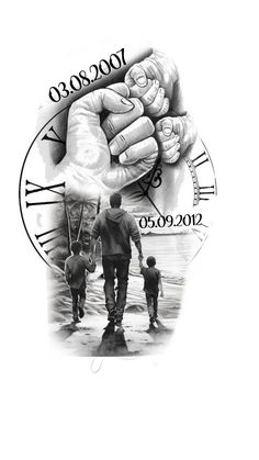 a black and white drawing of a family walking in front of a clock