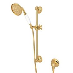 the shower head and handset are shown in gold