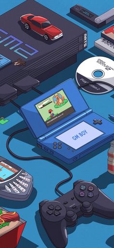 an image of a video game console surrounded by other electronic gadgets and games consoles