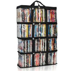 a large black bag filled with lots of movies