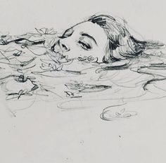 a pencil drawing of a woman swimming in water