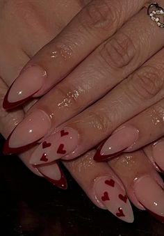 dark red valentines nails Random Nail Designs Acrylic, Nail Idea For Valentines Day, Nails To Go With Dark Red Dress, Nail Inspo Coffin Short Winter, Easy Nail Art Coffin, Nails Design Red Elegant, Almond Nails With Simple Design, Almond Acrylic Nails Dark