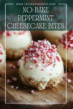 These No-Bake Peppermint Cheesecake Bites are a delightful holiday treat featuring a creamy peppermint filling atop a buttery graham cracker crust. Perfectly bite-sized and irresistibly festive, they are sure to be a crowd-pleaser at any gathering! Holiday Cheesecake Bites, Bite Size Christmas Desserts, Christmas Cheesecake Bites, Peppermint Desserts Christmas, Peppermint Recipes Desserts, Quick Christmas Dessert, Holiday Cheesecake, Holiday Party Desserts, Peppermint Dessert