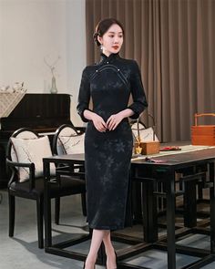 Long Sleeved Shawl Chinese Dress Cheongsam - Weqipao Long Dresses For Tea Ceremony, Long Cheongsam For Tea Ceremony, Traditional Dresses For Tea Ceremony, Traditional Fitted Dress With Stand Collar, Elegant Fitted Cheongsam For Banquet, Formal Fitted Stand Collar Cheongsam, Formal Stand Collar Ao Dai, Traditional Cheongsam With Stand Collar For Tea Ceremony, Elegant Cheongsam With Stand Collar For Tea Ceremony