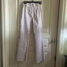 Super Cute Flare Pants With Purple And White Stripes. They Are New With Tags And In Perfect Condition! Straight Leg Pants For Pajama Party In Spring, Stretch Wide Leg Pants For Pajama Party, Straight Leg Pants For Pajama Party, Casual Fitted Bottoms For Pajama Party, Spring Pants For Pajama Party, Fitted Pants For Summer Pajama Party, Cute Flare Pants, White Flare Pants, Rusty Rose