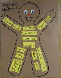 an image of a gingerbread man made out of sticky notes on a bulletin board