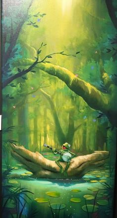 a painting of a frog sitting on two hands in the middle of a forest