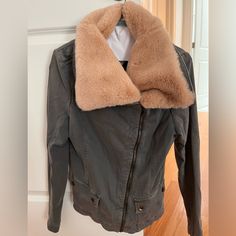 Brand: Marrakech. Purchased At Anthropologie. Never Worn. Soft, Removable Faux Fur. Diagonal Zip. Fitted Spring Outerwear With Faux Fur Lining, Spring Faux Fur Lined Outerwear For Work, Spring Workwear Outerwear With Faux Fur Lining, Anthropologie Jacket, Fake Fur, Marrakech, Faux Fur, Anthropologie, Jackets & Coats