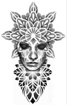 a drawing of a woman's face with intricate designs