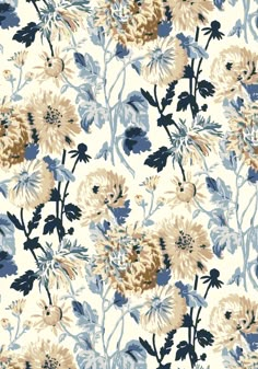 a blue and yellow flower pattern on a white wallpaper with black, brown, and beige flowers