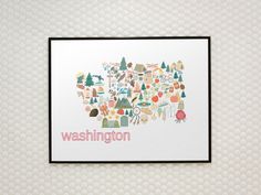 the washington state map is shown in pink and white, surrounded by many different types of trees