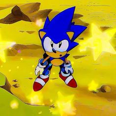 the sonic character is flying through the air with stars in the sky behind him and on his back