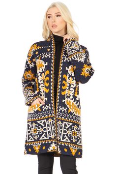 Details Cozy up in the snow with this patterned, open-front tapestry coat with pockets at the hips and a knee-length hem Fiber Content Acrylic 45%/ Polyester 37%/ Nylon 16%/ Spandex 2% Care Hand wash in cold water Lay flat to dry Additional Info Model's stats for sizing: Height: 5'9" Bust: 34" Waist: 25" Hips: 35" Model is wearing size S. VT37590 Tapestry Coat, Academia School, Cocoon Sweater, Long Sweater Coat, Heavy Sweaters, Fur Sweater, Winter Boho, Knitted Coat, Sweater Coat