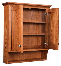 a wooden bookcase with two doors open