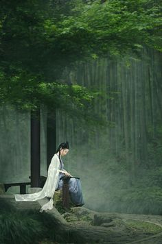 a woman sitting on top of a rock in the middle of a forest next to trees