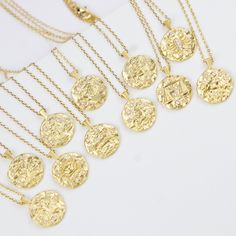 "*zodiac constellation necklace, celestial jewelry, 18k gold filled medallion pendant necklace, zodiac sign necklace, layering necklace *Delicate High quality Chain - Length: 18\"as shown on the pictures - pendant size: 14mm - material: pendant- 18k gold filled, chain- 18k gold plated - Comes in a cute little package - Perfect on its own or as a layering piece. - Available : gold only. * View star necklace here: https://www.etsy.com/listing/777461400/gold-star-necklace-star-jewelry?ref=shop_home Gold Coin Necklace With Zodiac Sign, Gold Plated Zodiac Sign Necklaces For Gifts, Gold Plated Zodiac Sign Round Necklaces, Celestial Style Gold Charm Necklace With Zodiac Sign, Gold Celestial Charm Necklace With Zodiac Sign, Celestial Style Gold Zodiac Sign Charm Necklace, Gold Celestial Zodiac Sign Charm Necklace, Gold Zodiac Celestial Necklace, Gold Zodiac Sign Coin Necklace