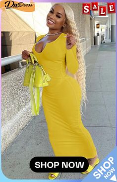 Autumn Yellow Ribbed Sexy Long Bodycon Dress with Full Sleeves Trendy Bodycon Dress, Spring Solid Color Bodycon Dress For Club, Spring Club Bodycon Dress Solid Color, Spring Club Bodycon Dress In Solid Color, Stop Drop And Roll, Last Day On Earth, Long Bodycon Dress, Puff Sleeve Crop Top, Long Evening Gowns