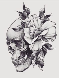 a drawing of a skull with flowers on it's head and leaves around its neck