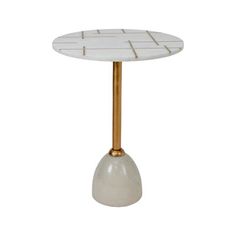 a white marble table with gold metal legs and a small round top on a white background