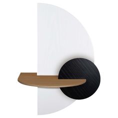 a white and black wall shelf with a wooden shelf on it's left side