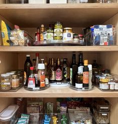 an organized pantry with lots of food and condiments