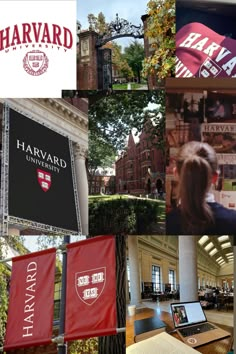 the harvard logo is displayed in many different pictures, including an open laptop and several banners