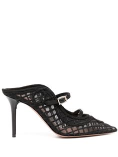 black nappa leather/mesh crystal embellishment buckle-fastening ankle strap branded leather insole pointed toe 90mm high stiletto heel Luxury Mesh Heels For Formal Occasions, Luxury Mesh Heels, Elegant Formal Mesh Sandals, Malone Souliers, Crystal Embellishment, Nappa Leather, Mule Clogs, Mules Shoes, Stiletto Heel