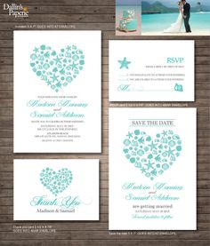 wedding stationery with hearts and flowers on the front, back and side of each stationery