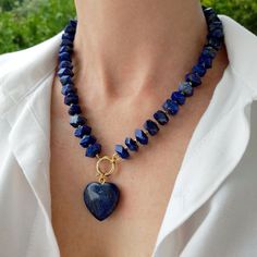 Raw lapis lazuli modern beaded necklace. Chunky statement natural gemstone beaded necklace for women. Large blue gold handmade necklace with big bead and gemstone. Big bold bohemian bright necklace in gold color are suitable for an casual look, evening look and for a holiday. These necklace will be a good Christmas, anniversary, wedding or birthday gift for women, mom, wife, girlfriend, sister or daughter. Women's necklace with natural stone. It emphasizes the beauty of your neck and adds charm Large Bead Jewelry Ideas, Raw Lapis Lazuli, Bold Bohemian, Bright Necklace, Handmade Gold Necklace, Large Bead Necklace, Simple Pearl Necklace, Women's Necklace, Modern Necklace