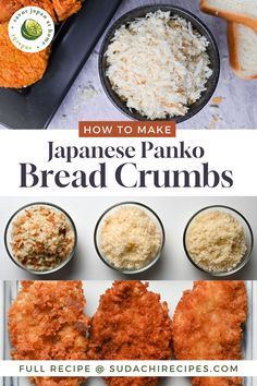 Homemade panko breadcrumbs in a black bowl next to deep fried breaded pork cutlets (tonkatsu) and smaller glass bowls experimenting with panko made with different kinds of bread Homemade Panko, Types Of Bread, Panko Bread Crumbs, White Bread, Bread Crumbs, Delicious Recipes, From Scratch