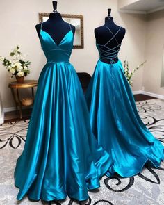 A Line Stretch Satin Emerald Green Prom Dresses Spaghetti Straps V Nec – MyChicDress Satin Long Prom Dress, Simple Evening Dress, Emerald Green Prom Dress, Oc Female, Prom Dresses Simple, Prom Dresses Black, Blue Evening Dresses, Prom Dresses For Teens, Prom Dresses Modest