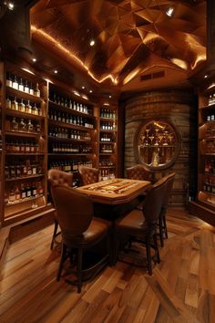 a wooden table surrounded by leather chairs in a room with shelves full of liquor bottles