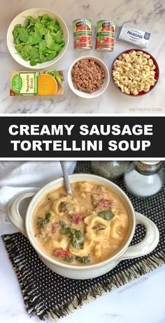 this creamy sausage tortellini soup is loaded with pasta, spinach and cheese