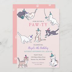 a birthday party with cats on it's front and back, including a pink background