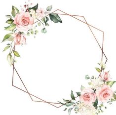 a watercolor wreath with pink roses and greenery on the top, surrounded by white flowers