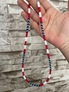 All my products are made of high quality Japanese Miyuki glass beads. This product is hand-woven. It is made using the traditional freehand technique with nylon thread. Each necklace took approximately 4-5 hours to make and was made using hundreds of beads. This hand-knitted ethnic necklace has a total of 3 different colors: White , Blue and Red. For everyday style or special occasions. Miyuki Necklace length is 45cm (17.7 inches) and has an extra 5cm chain. Please contact for details.   Handwov Blue And Gold Beaded Necklace, Red White And Blue Necklace, Gift Red Handwoven Beaded Necklaces, Blue Beaded Necklaces For 4th Of July, Patriotic Round Beads Necklace As Gift, Blue Beaded Necklace For 4th Of July, Patriotic Round Beads Necklace Gift, Patriotic Beaded Necklace For Gift, Blue Jewelry For 4th Of July Beach Day