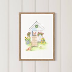 a watercolor painting of a house with cats and flowers