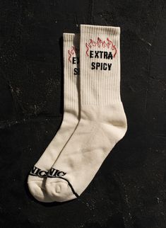 Extra Spicy Mood Personality Foodie Sayings Food Slogan Pun Vintage Crew Socks Socks Photoshoot Ideas, Cool Socks Aesthetic, Merch Socks, Shifting Closet, Socks Ideas, Funny Clothing, Socks Aesthetic, Socks Design, Product Branding