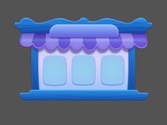 an illustration of a storefront with blue awnings and purple trim on the windows