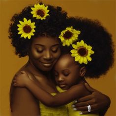 two women hugging each other with sunflowers in their hair on top of them