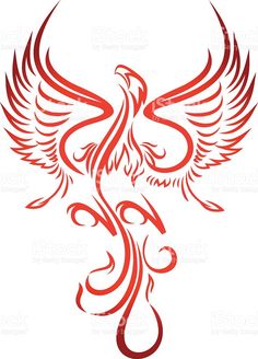 a red bird with swirls on it's wings, flying in the air