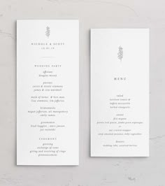 two white cards with the words, wedding and party written in black ink on them