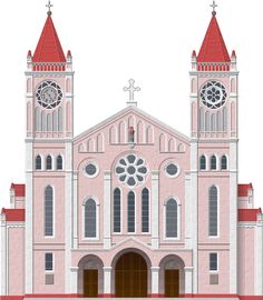 an illustration of a pink church with two towers and a cross on the front door