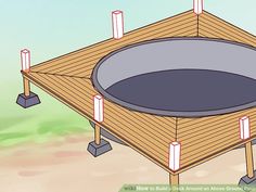 an outdoor trampoline is set up on a wooden platform with candles around it