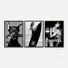 three black and white pictures with the words chanel on them, one has a woman holding