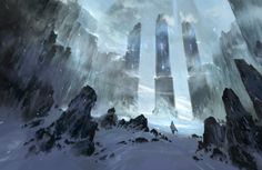 an image of a sci - fi scene with mountains and people in the snow, surrounded by ice