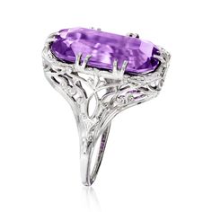 Ross-Simons - C. 1950 Vintage 3.50ct Amethyst Filigree Ring in 18kt White Gold. Size 5.75. C. 1950. Retro era beauty abounds in this eye-catching cocktail ring from our Estate collection, which showcases a 3.50 carat rectangular amethyst within a stunning filigree setting of 18kt white gold. 3/4" wide. Amethyst filigree ring. Exclusive, one-of-a-kind Estate Jewelry. Amethyst birthstones are the perfect gift for February birthdays. Art Deco Purple Amethyst Ring For Formal Occasions, Purple Amethyst Art Deco Ring For Formal Occasions, Formal Art Deco Purple Amethyst Ring, Formal Purple Platinum Rings, Antique Amethyst Gemstone Ring For Formal Occasions, Estate Style Formal Rings With Gemstones, Elegant Oval Amethyst Ring In Platinum, Oval Amethyst Ring In Platinum, Elegant Oval Amethyst Platinum Ring