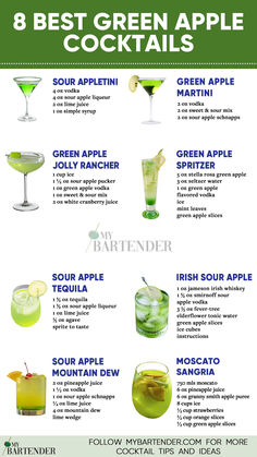 Best Green Apple Cocktails Green Apple Cocktail, Green Apple Cocktails, Apple Mojito, Apple Cocktails, Green Tea Cocktail, Green Cocktails, Bartender Drinks Recipes, Apple Sangria, Apple Cocktail